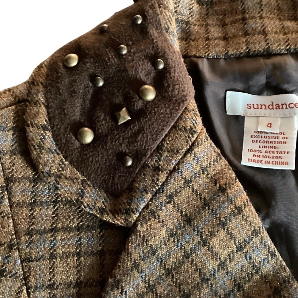 Sundance Brown Plaid Wool Blazer Jacket Studded Collar Women's Size 2 or 4 Lined - Picture 13 of 16